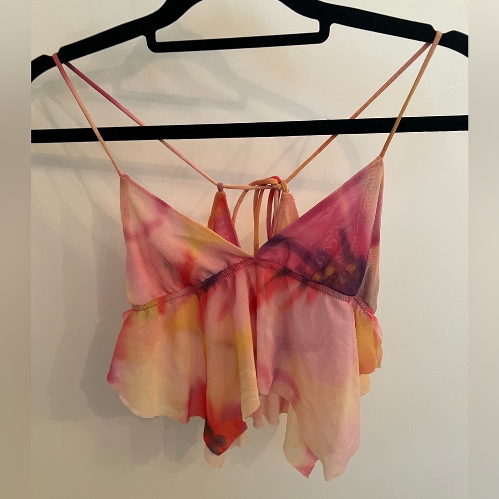 Urban Outfitters Pink Tie-Dye Spaghetti Strap Mesh Crop Top, size XS
